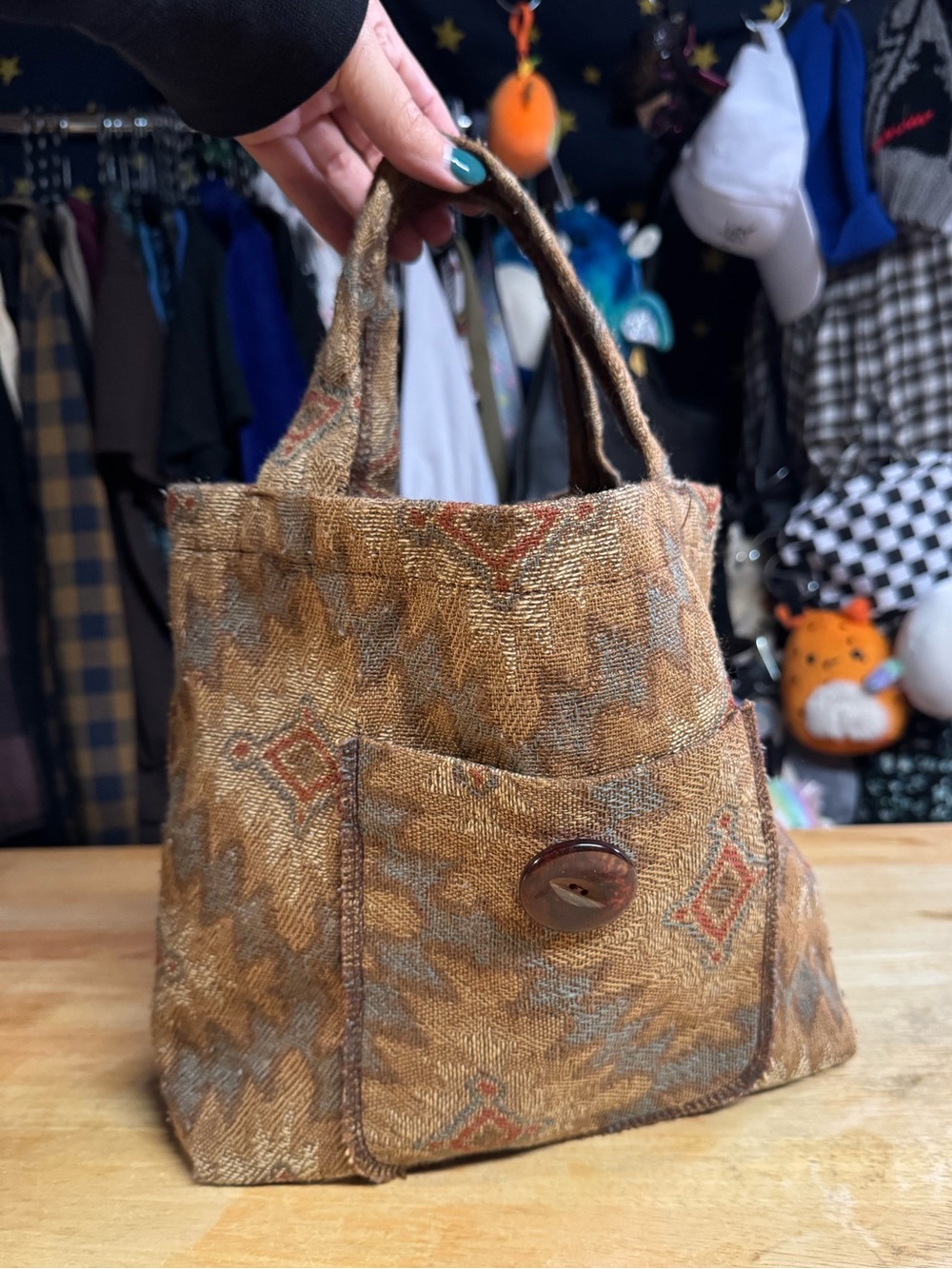 Boho Textured Mini Brown Tote Bag with Front Button Pocket